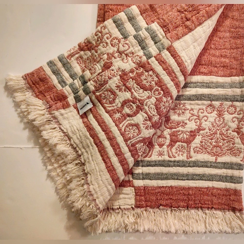 🎁Piscatextil Holiday Throw Blanket - Red Heather with Stripes & Adornments